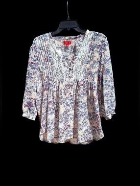 Elle Floral Garden Peasant Blouse Babydoll Lace Flowy 3/4 Sleeve Boho Womens L